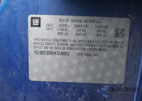 2017 Chevrolet Cruze Lt Auto z USA, uszkodzony, nr VIN 1G1BE5SM6H7246862